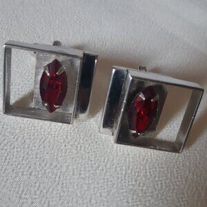 Vintage Red Marquise Cut Glass Cuff Links Silver Tone